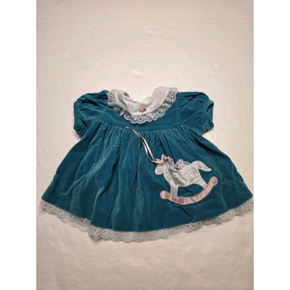 Vintage Nannette Baby Girls Velvet Dress 6-9 M Teal Rocking Horse Lace Collar